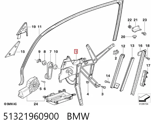 Mechanizm podnoszenia szyby drzwi przednich prawych 51321960900 BMW
