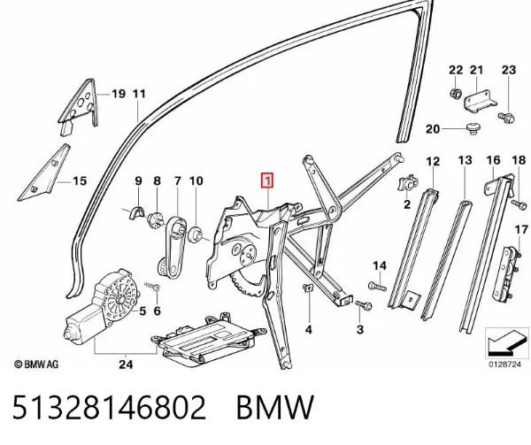 Mechanizm podnoszenia szyby drzwi przednich prawych 51328146802 BMW