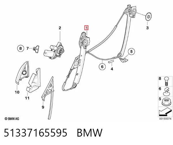 Mechanizm podnoszenia szyby drzwi przednich lewych 51337165595 BMW