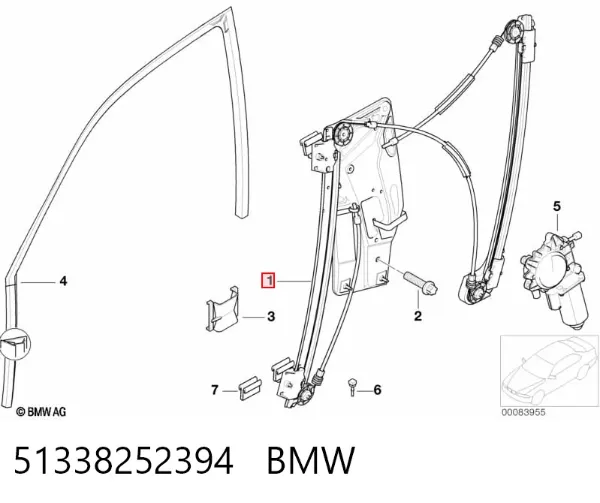 Mechanizm podnoszenia szyby drzwi przednich prawych 51338252394 BMW