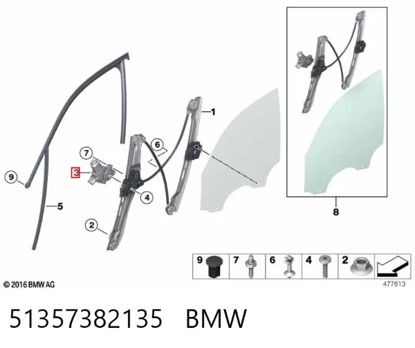 Mechanizm podnoszenia szyby drzwi przednich lewych 51357382135 BMW