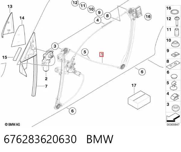 Mechanizm podnoszenia szyby drzwi przednich prawych 676283620630 BMW