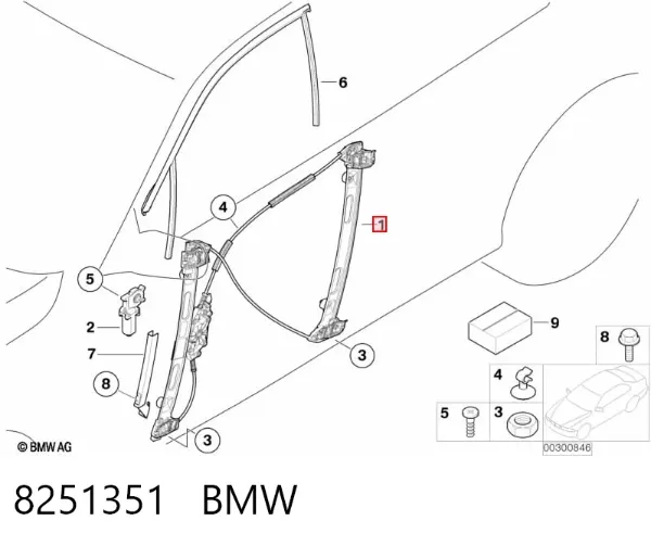 Mechanizm podnoszenia szyby drzwi przednich lewych 8251351 BMW