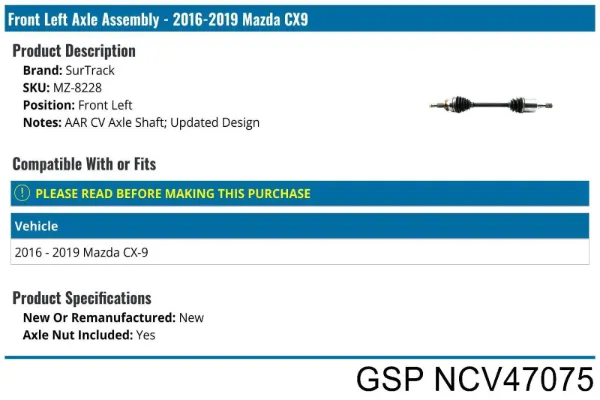 Półoś napędowa przednia lewa NCV47075 GSP