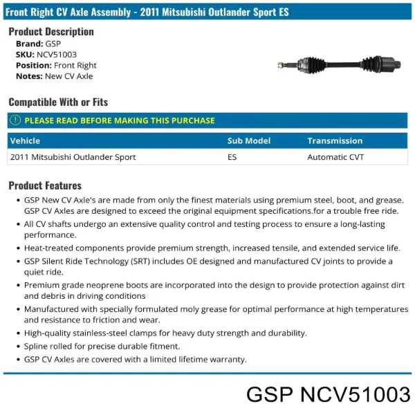 Półoś napędowa przednia prawa NCV51003 GSP