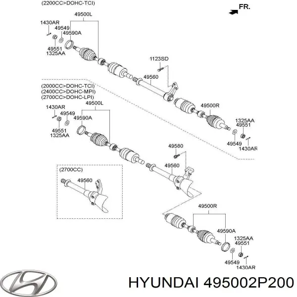 Półoś napędowa przednia lewa 495002P200 Hyundai/Kia