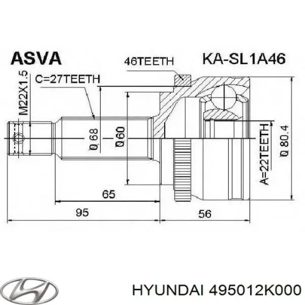 Półoś napędowa przednia lewa 495012K000 Hyundai/Kia