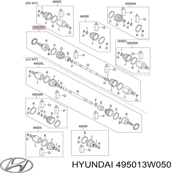 Półoś napędowa przednia prawa 495013W050 Hyundai/Kia