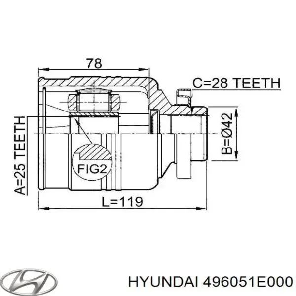 Przegub homokinetyczny wewnętrzny przedni prawy 496051E000 Hyundai/Kia