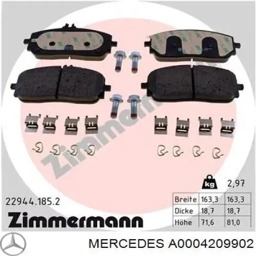 Klocki hamulcowe przednie tarczowe A0004209902 Mercedes