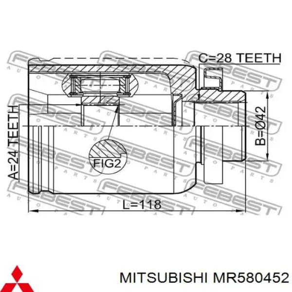 Przegub homokinetyczny wewnętrzny przedni prawy MR580452 Mitsubishi