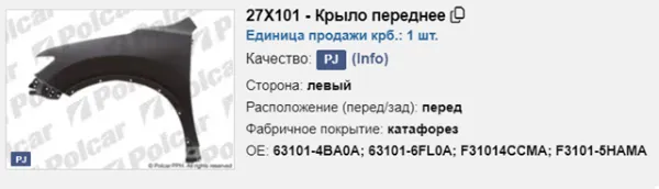 Błotnik przedni lewy 27X101 Polcar
